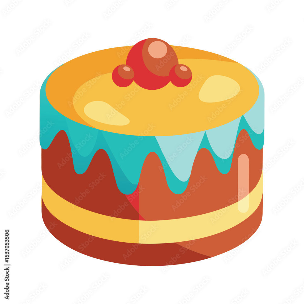 Round Fondant Cake Vector Illustration Yellow Orange Brown Teal Icing Cherry Topping Isolated White Background Round Fondant Cake Vector Illustration Yellow Orange Brown Teal Icing Cherry Topping Isolated White Background