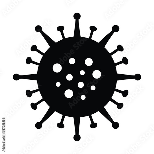 Black Viral Cell Illustration with Spikes and White Circles on White Background