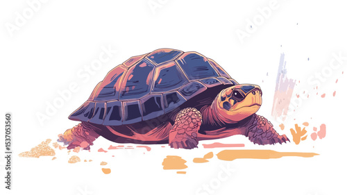 A digital painting or illustration depicting a stylized tortoise. The artwork features a semi-realistic rendering of a tortoise with a dark shell showing hints of reddish-brown hues,