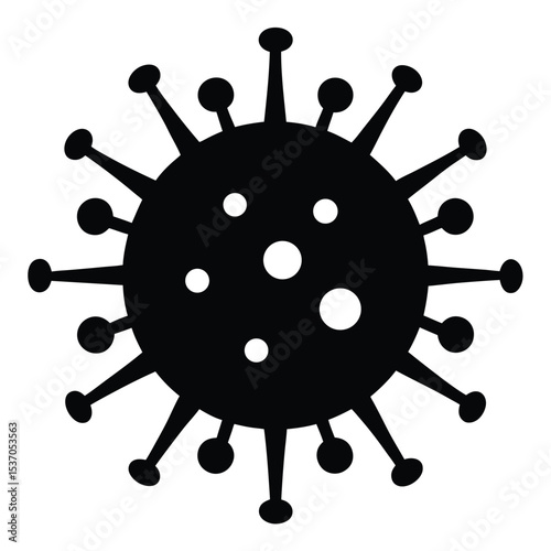 Black Virus Silhouette with Spikes and Inner Circles, White Background Illustration