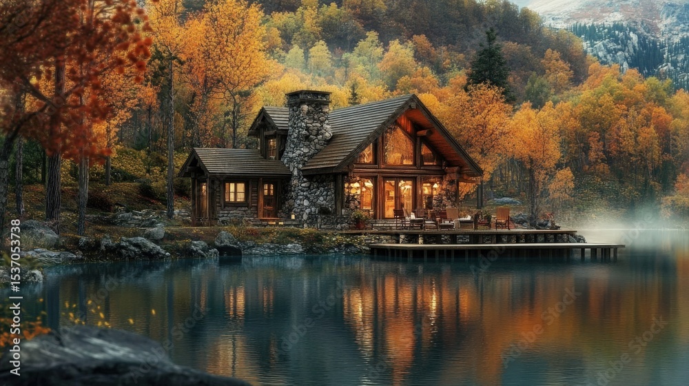 Fototapeta premium Cozy Wooden Cabin by Serene Lake Surrounded by Vibrant Autumn Foliage and Majestic Mountains, Perfect for Nature Escapes and Relaxation