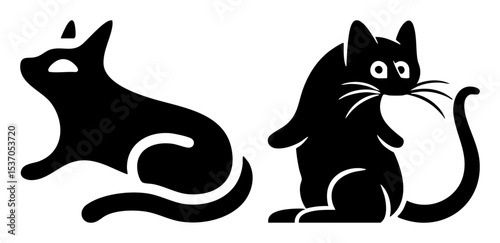 Vector Black feline silhouettes depict a lounging and seated cat.