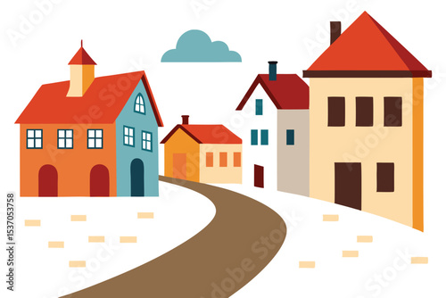 Cartoon Town Illustration Colorful Buildings, Winding Road, and Blue Cloud in Simple, Flat Design