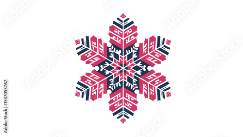 A stylized snowflake design is depicted against a white background. The snowflake is rendered in a geometric style, using sharp angles and lines. Predominant colors are shades of pink and teal/navy