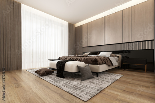 Home and decor and modern bright bedroom interior design and wooden head bed and wooden pattern wall background. 3d rendering

