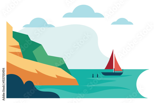 Colorful Illustration Coastal Cliff, Sailboat on the Water, Clouds in the Sky