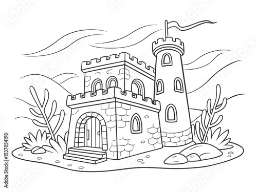 Underwater castle. Black and white vector illustration for coloring book
