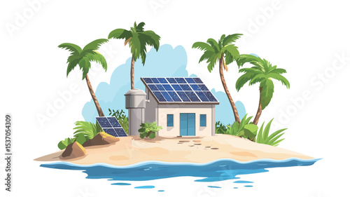 A digital illustration depicting a small, white house situated on a tropical island. The house features solar panels on its roof and a smaller solar panel near a water tower.