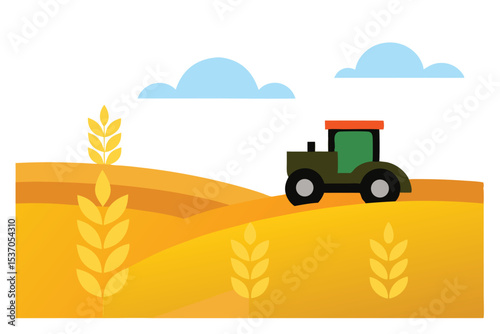 Green Tractor on Golden Wheat Field with Blue Sky and Clouds Flat Illustration