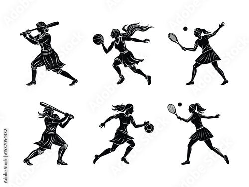 Six Black Silhouettes Female Athletes Playing Baseball Basketball Tennis Soccer Frisbee White Background