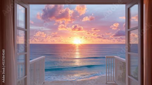 Ocean sunrise view through open window with balcony and soft clouds over calm sea water