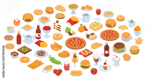 Isometric View of Diverse Fast Food and Bakery Items Vector illustration Pack png Burgers, Pizza, Fries, Cakes, and More