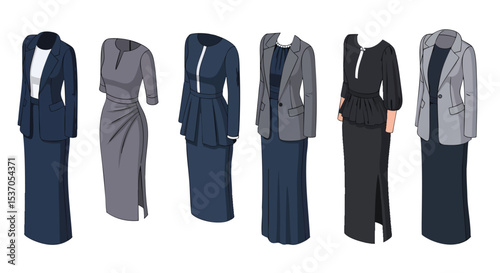Elegant Professional Women's Fashion Vector illustration Pack png Modern Maxi Dresses, Stylish Suits, and Sophisticated Workwear