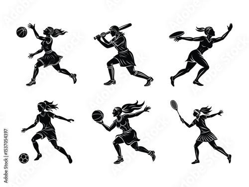 Six Black Silhouettes Female Athletes Playing Basketball Baseball Soccer Tennis Badminton on White Background