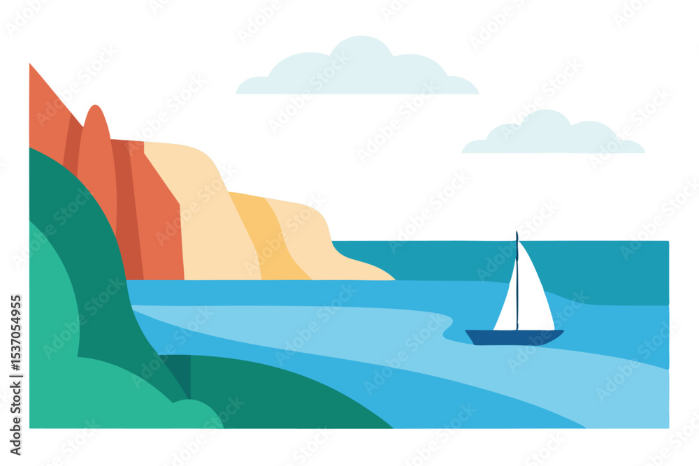 Naklejka premium Sailboat Near Coastal Cliffs Art, Calm Blue Waters and Clouds Above