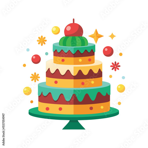 Three Tiered Wedding Cake Vector Illustration Pink Topper Teal Green Orange Brown Yellow Red Accents