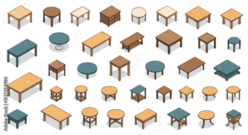 Isometric Collection of Wooden and Teal Tables, Desk, and Nightstands Vector illustration Pack png  Various Shapes, Sizes, and Styles for Interior Design