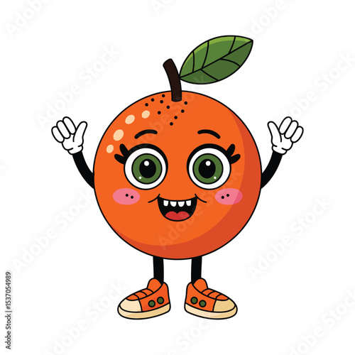 A cute, anthropomorphic orange character with large, expressive green eyes, rosy cheeks, and a cheerful smile.