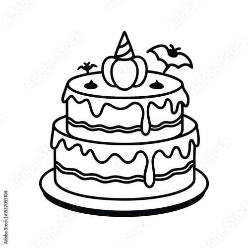Two Layered Halloween Cake Black Line Art Illustration Pumpkin Bat Cone Topper White Background two-layered cake