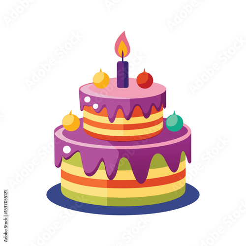 Two Layered Birthday Cake Purple Icing Colorful Stripes Yellow Orange Green Candles two layered cake
