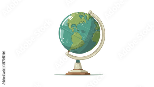 A digital illustration of a globe on a stand. The globe is primarily teal and green, depicting a stylized world map. The style is illustrative and slightly cartoonish, with a vintage or antique