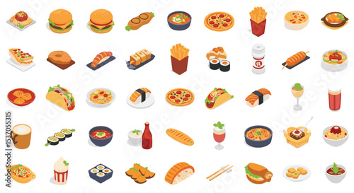 Isometric View of Diverse Culinary Delights Vector illustration Pack png Burgers, Sushi, Pizza, Tacos, and More