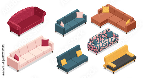 Isometric View of Modern and Vintage Sofas Vector illustration Pack png Diverse Styles, Colors, and Designs for Home Decor