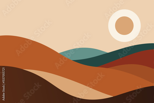 Abstract Earthy Landscape With WarmColored Hills and a Circular Celestial Body Above Them