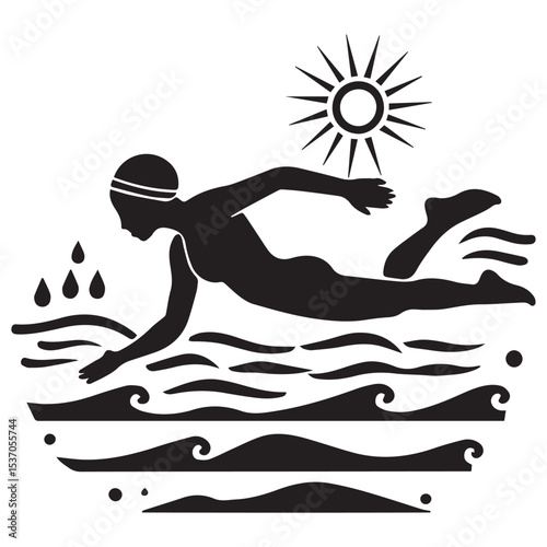 Stylized silhouette of swimmer in ocean