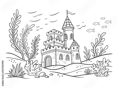 Underwater castle. Black and white vector illustration for coloring book