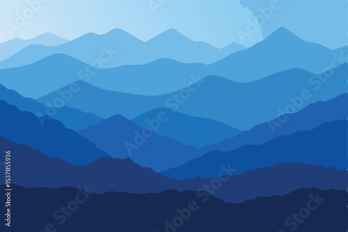 Artistic Blue Mountain Ranges Silhouette Illustration with Layered Depths and Gradient Sky