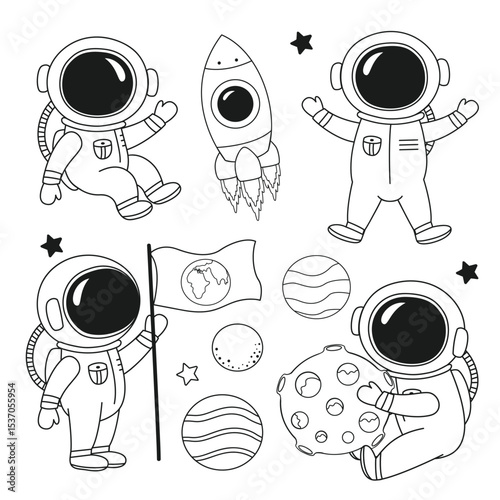 outline set of isolated cute astronauts and planets