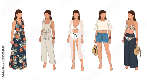 Summer Fashion: Five Stylish Women's Outfits for Beach Vacation, Featuring Floral, Beige, and Denim Styles