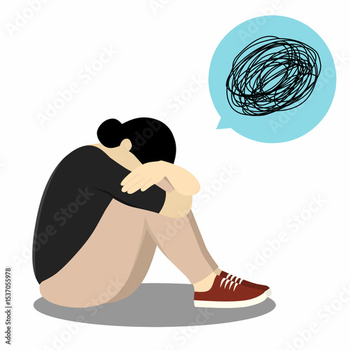 Mental disorder, finding answers, confusion concept. Woman suffering from depression, closing face with palms in despair, girl trying to solve complex problems. Flat vector illustration.