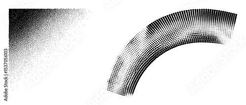 Vector Abstract halftone dots forming curved shapes and a corner gradient.