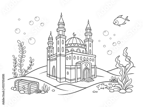 Underwater castle. Black and white vector illustration for coloring book