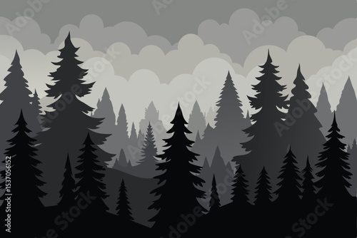 Black and Gray Silhouette Illustration Evergreen Forest, Woodland Scenery Under Cloudy Sky