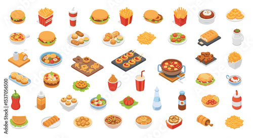 Isometric Flat-Lay Illustration of Diverse Fast Food and Restaurant Dishes Vector illustration Pack png Burgers, Fries, Soups, Appetizers, and Drinks