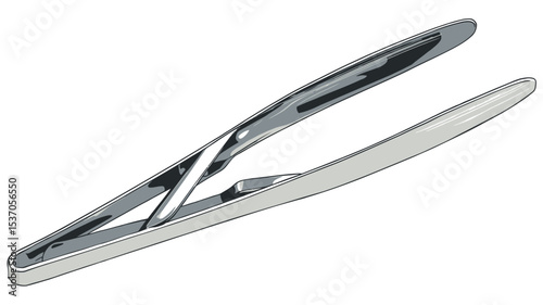 A high-angle, close-up studio shot of a pair of stainless steel serving tongs against a white background. The tongs are fully extended, showcasing their smooth, metallic surface with subtle