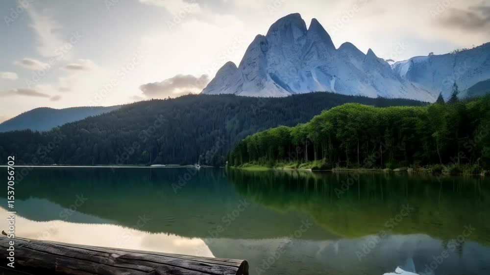 Serene mountain lake reflects forested mountains and cloudy sky, with log floating on calm water's surface in foreground.