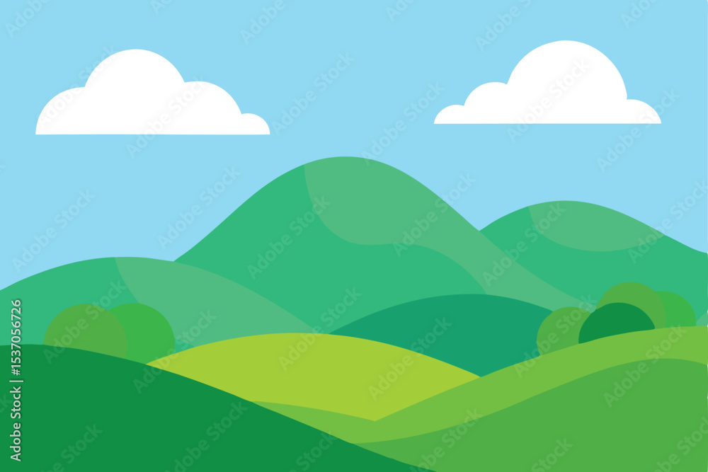 Fototapeta premium Cartoon Hills Landscape Illustration with White Clouds and Green Grass Fields