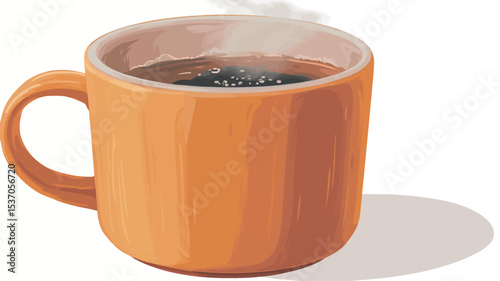 A digital illustration of a steaming cup of dark coffee in an orange mug. The mug is cylindrical with a slightly flared top and a prominent handle.  The coffee appears dark brown and shows a slight