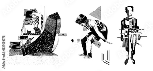 Vector Abstract figures illustrate human interaction and modern style.