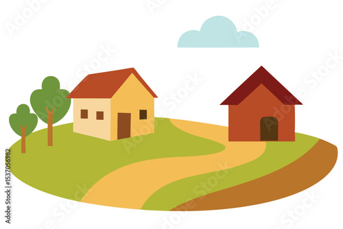Cartoon Landscape with Two Houses, Trees, Cloud, and Winding Dirt Path