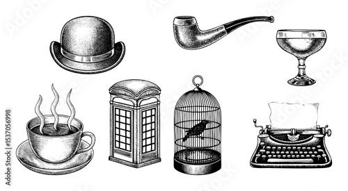 Vector Vintage collection featuring a bowler hat pipe goblet coffee phone booth birdcage and typewriter.