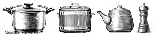 Vector Vintage kitchen storage containers features a crock canister jug and grinder.