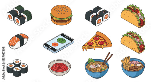 Vibrant Isometric Food Illustrations Vector illustration Pack png Sushi, Burgers, Tacos, Pizza, Ramen, and More