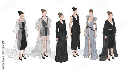 Elegant Black and Grey Evening Gowns Vector illustration Pack png Fashion Illustration of Five Chic Women's Dresses