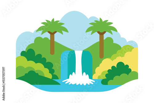 Cartoon Waterfall Landscape with Palm Trees, Lush Greenery, and Calm Blue River