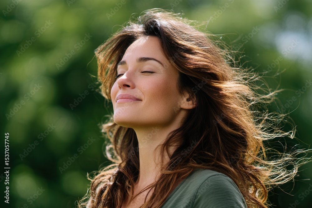Caucasian young female relaxing outdoors with eyes closed in sunlight. Caucasian young female relaxing outdoors with eyes closed in sunlight.